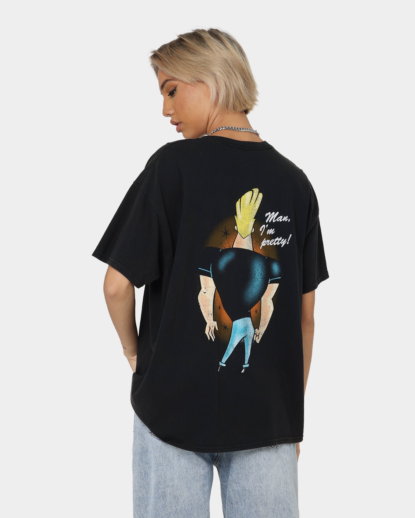 American Thrift X Johnny Bravo Man, I'm Pretty Vintage T-Shirt Black Wash Style001