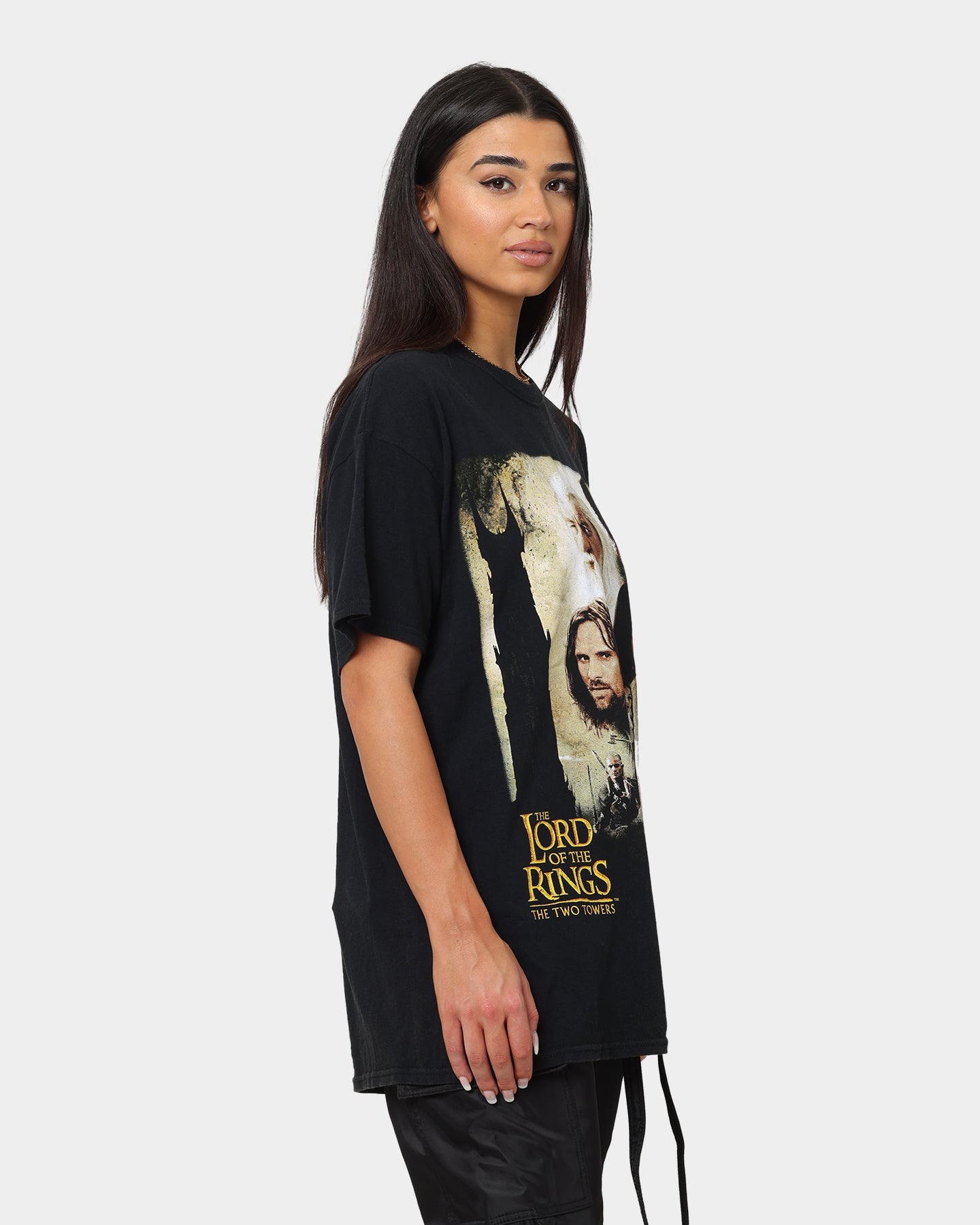 American Thrift X Lord Of The Rings The Two Towers Poster Vintage T-Shirt Washed Black Style001