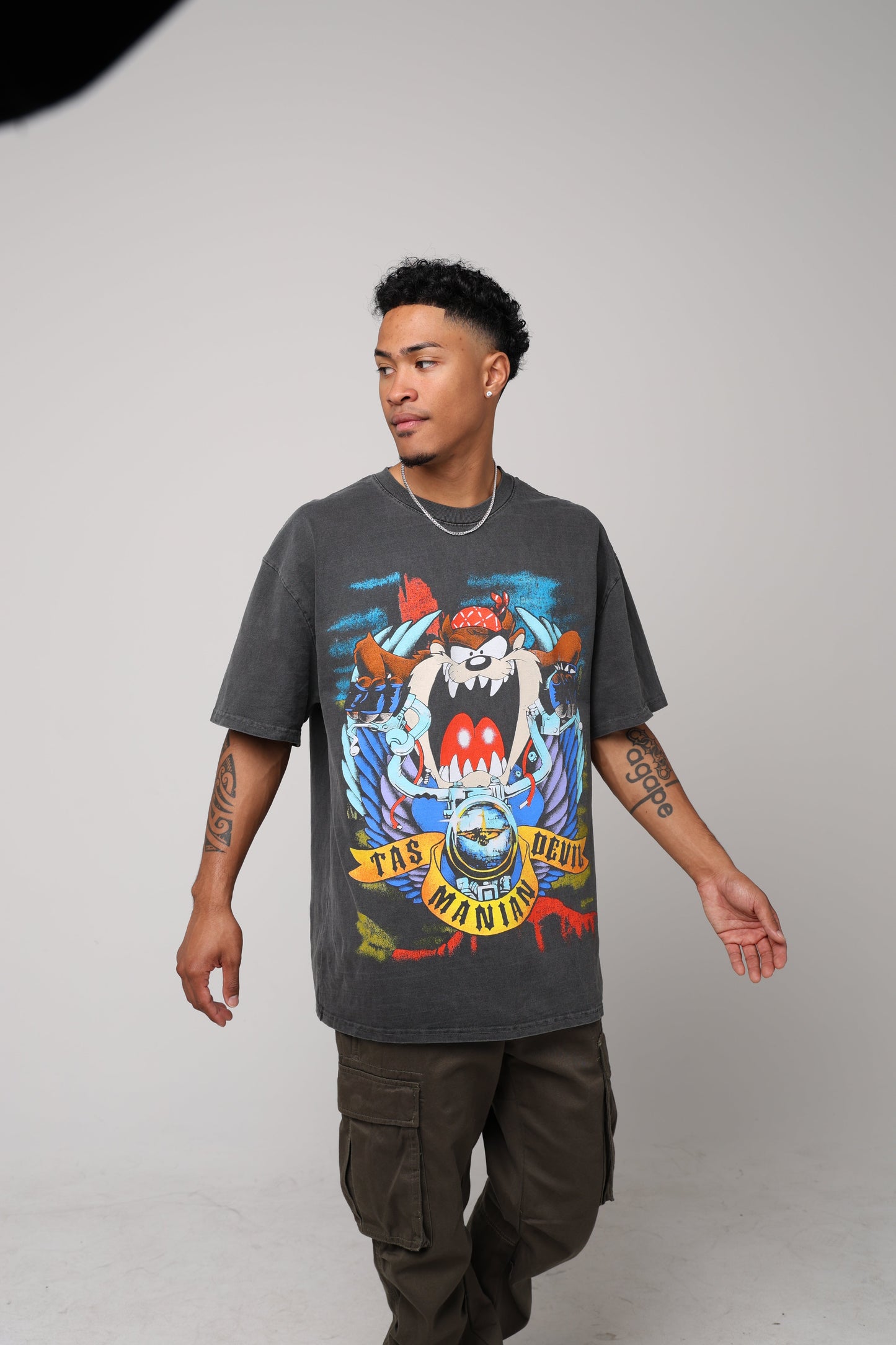 American Thrift X Looney Tunes Taz Motorcycles Heavyweight Vintage T-Shirt Black Wash