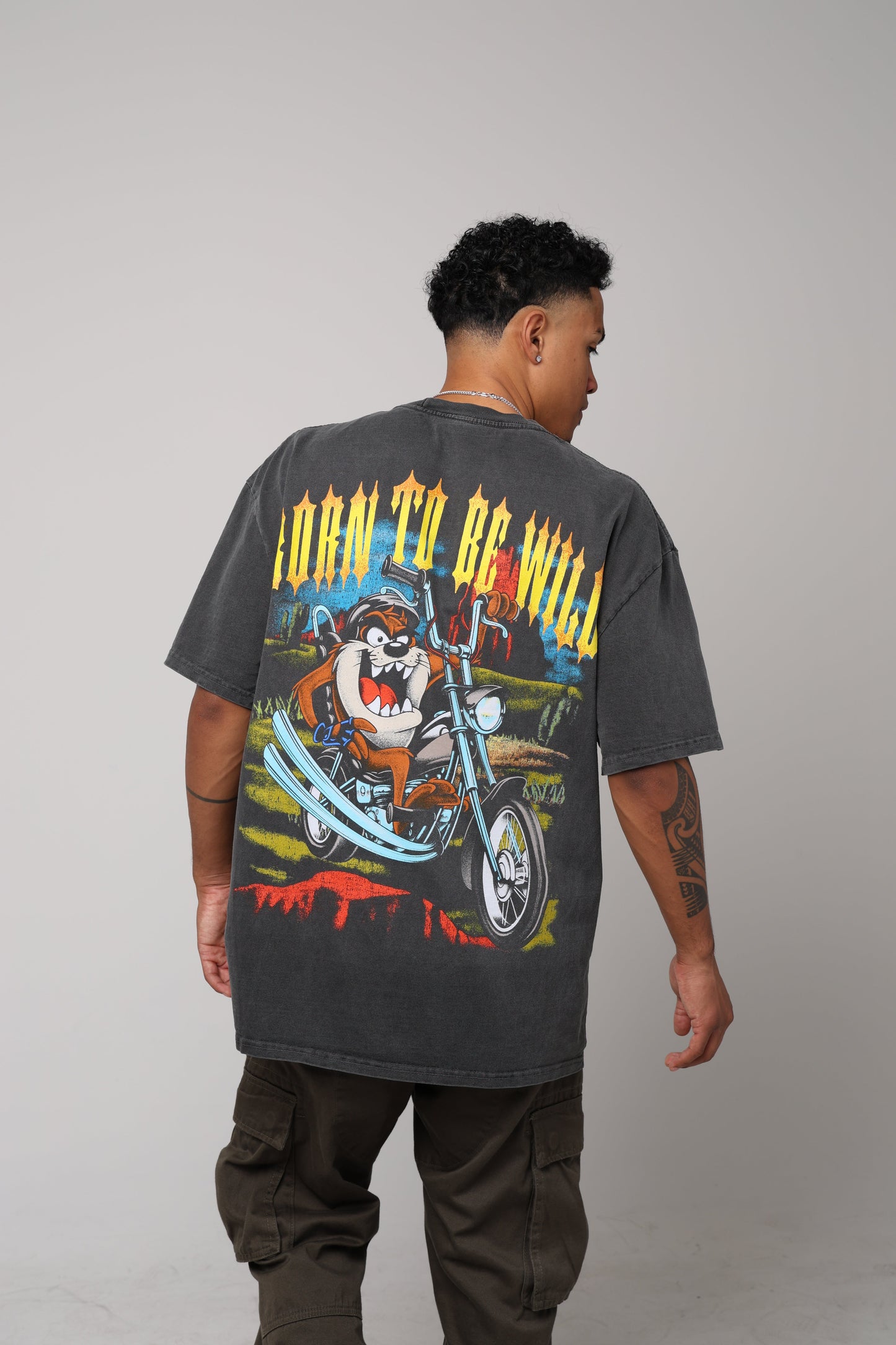 American Thrift X Looney Tunes Taz Motorcycles Heavyweight Vintage T-Shirt Black Wash
