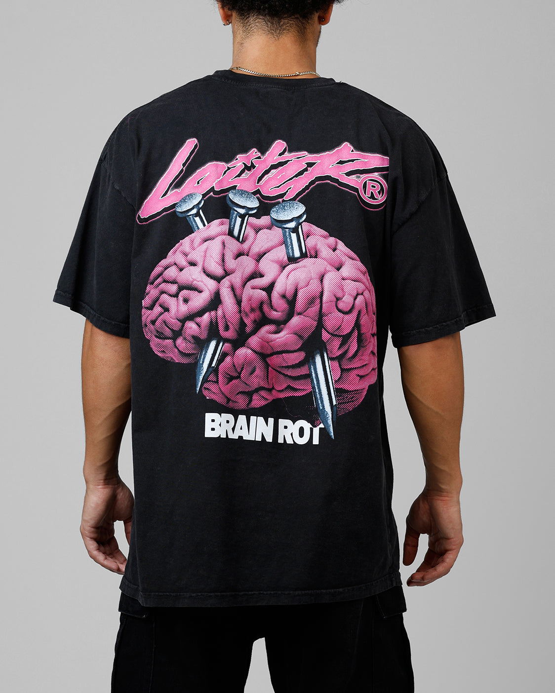 Loiter Brain Rot Vintage T-Shirt Black Acidwash