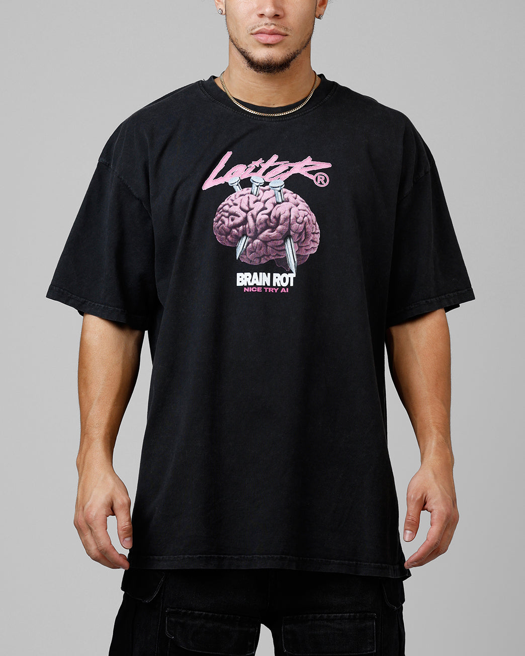 Loiter Brain Rot Vintage T-Shirt Black Acidwash