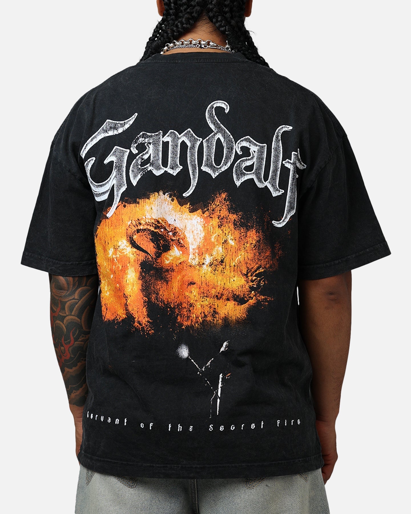 Goat Crew X Lord Of The Rings Gandalf Fire Vintage T-Shirt Black Acidwash