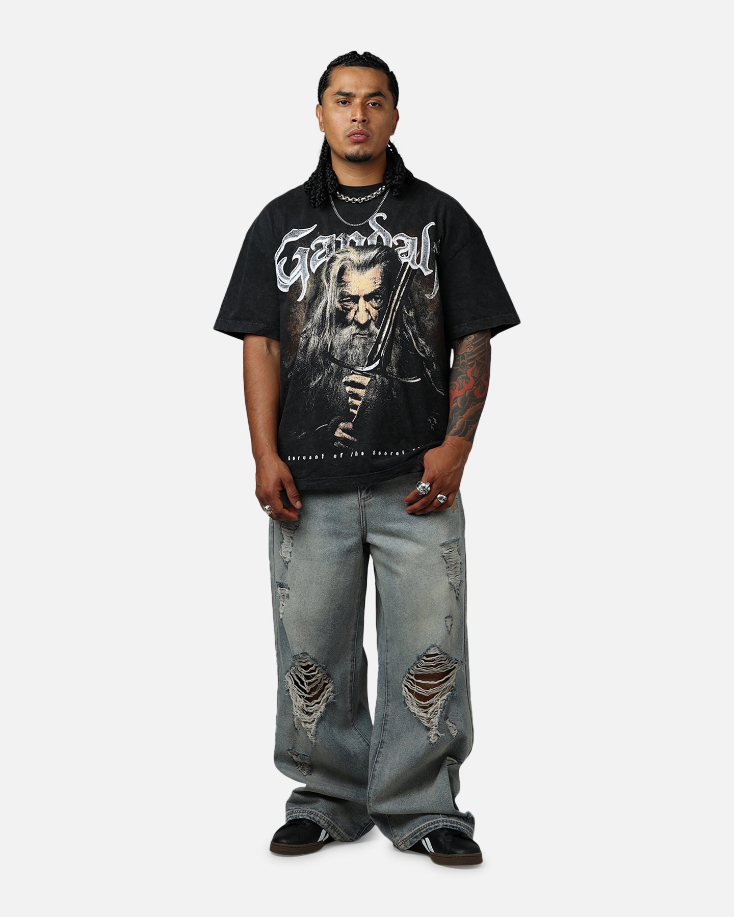 Goat Crew X Lord Of The Rings Gandalf Fire Vintage T-Shirt Black Acidwash