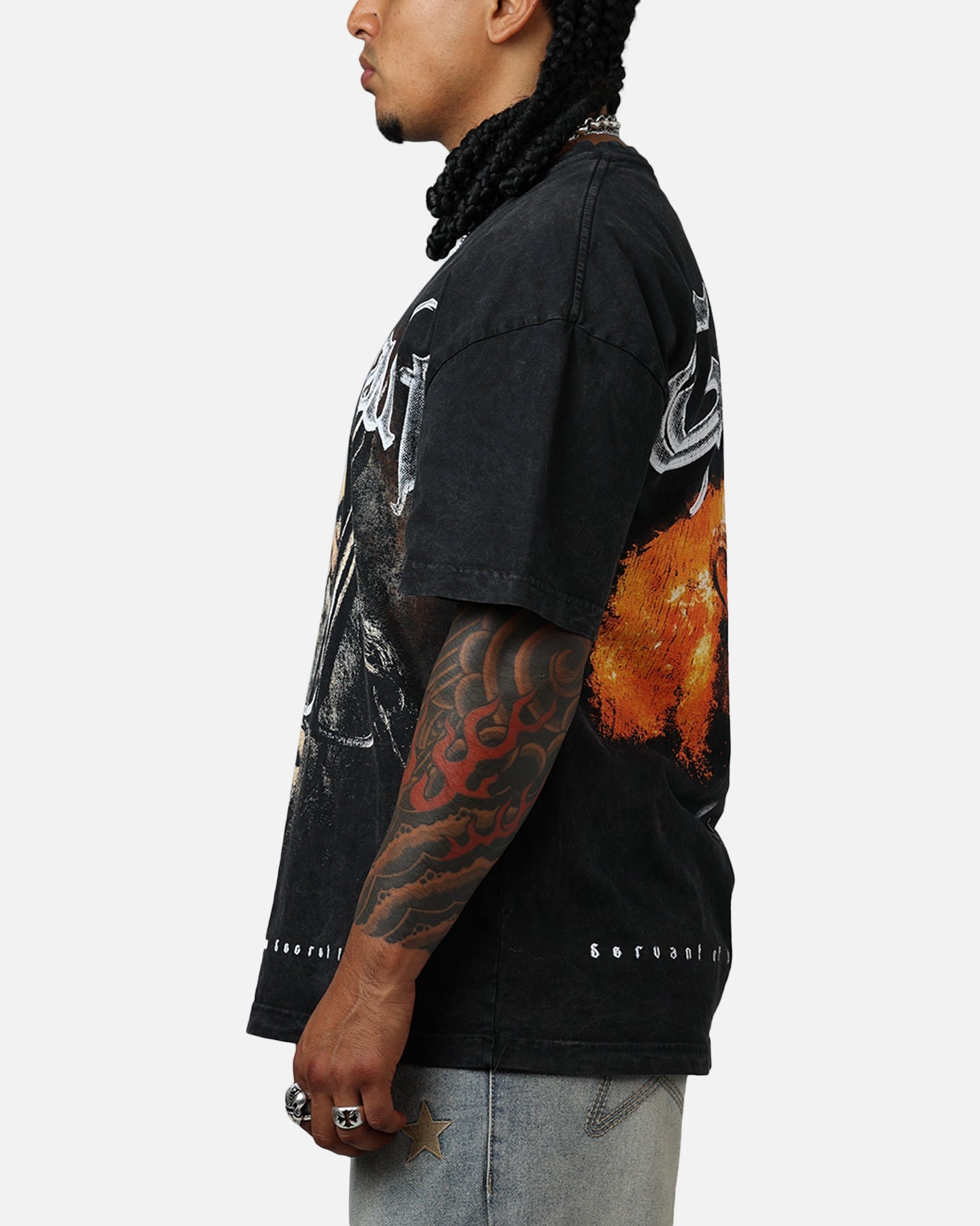 Goat Crew X Lord Of The Rings Gandalf Fire Vintage T-Shirt Black Acidwash