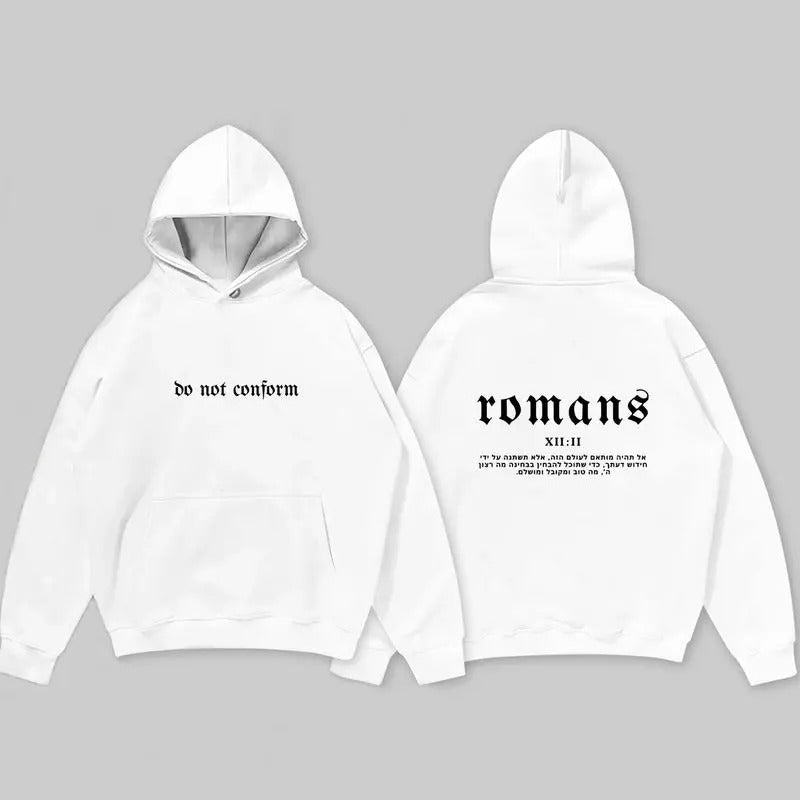 Romans 12:2 Hebrew Christian Hoodie - White Cotton T-Shirt & Hoodie - Suitable for Men - Ideal for Christian Streetwear - 3/4 Length Graphic Crew Neck All Seasons Athletic Casual Menswear