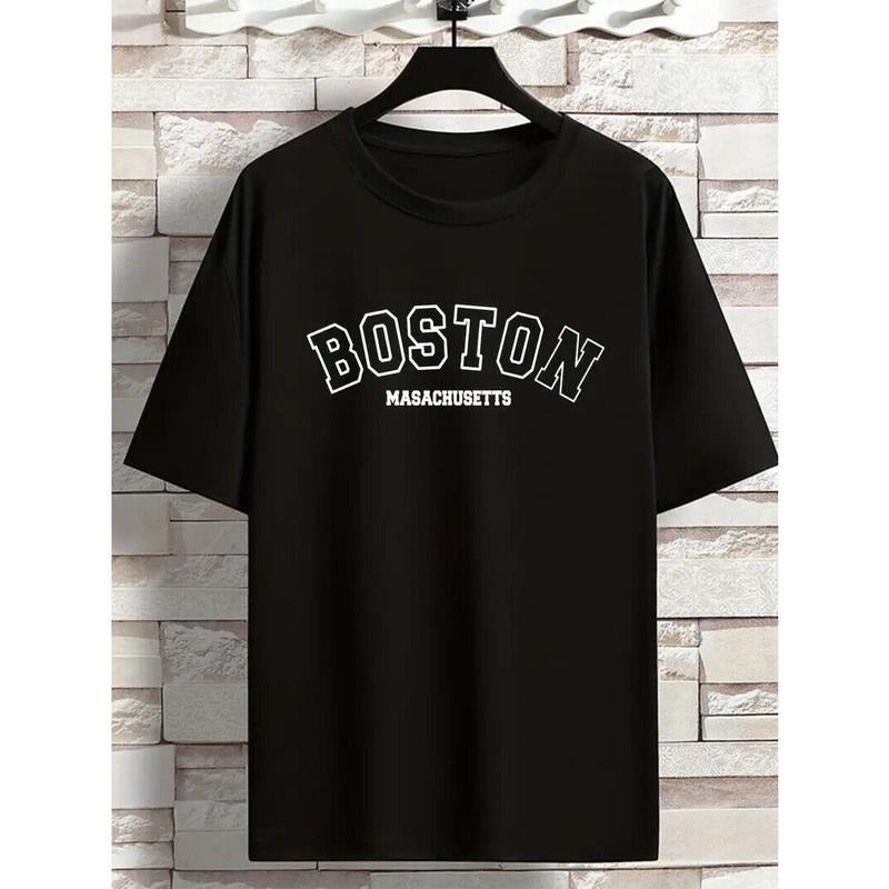 BOSTON Printed Tees For Men, Cotton Short Sleeve Round Neck Street Black T-Shirt Made in USA