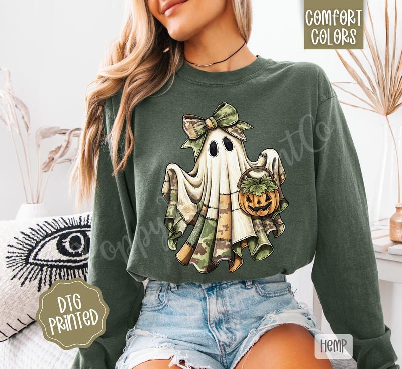 Camo Ghost Long Sleeve TShirt, Trendy Women's Halloween Tee