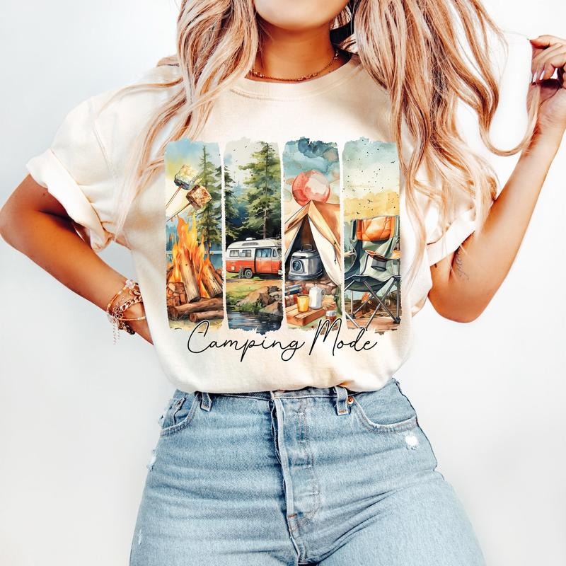 Camping Mode T-Shirt, Retro Summer T-Shirt, Family Adventure, Brushstroke, Outdoors, Camping Shirt Vintage Camping