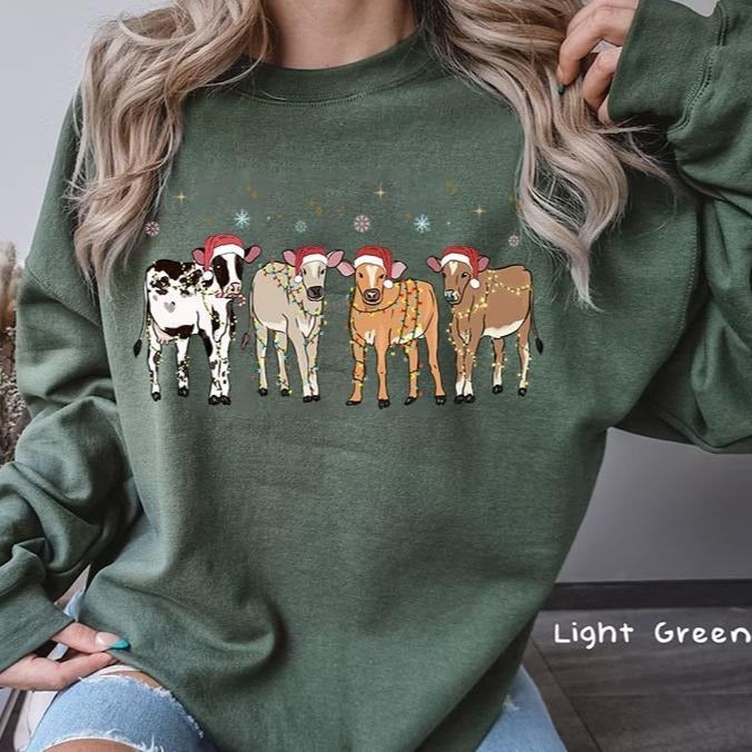 Christmas Cow Sweatshirt - Holstein Cow Lover T-Shirt, Western Christmas Lights Holiday Clothing, Unisex