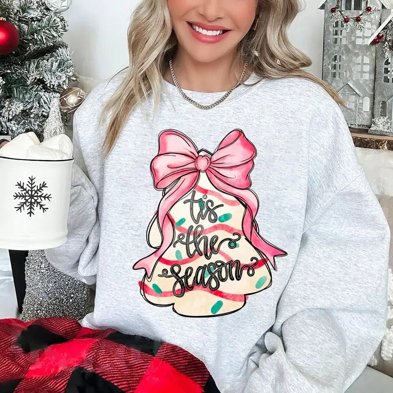 Christmas Tree Bow Sweatshirt, Coquette Christmas Tree Cakes Shirt, Christmas Tree Cake Sweatshirt, Christmas Coquette Shirt, Pink Christmas Sweatshirt