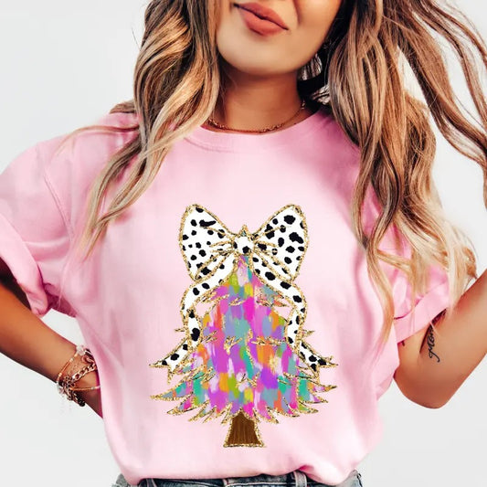 Christmas Tree Faux Glitter Pink Shirt, Graphic Christmas shirt, Comfort Colors Christmas Graphic Shirt, Cotton Unisex Top