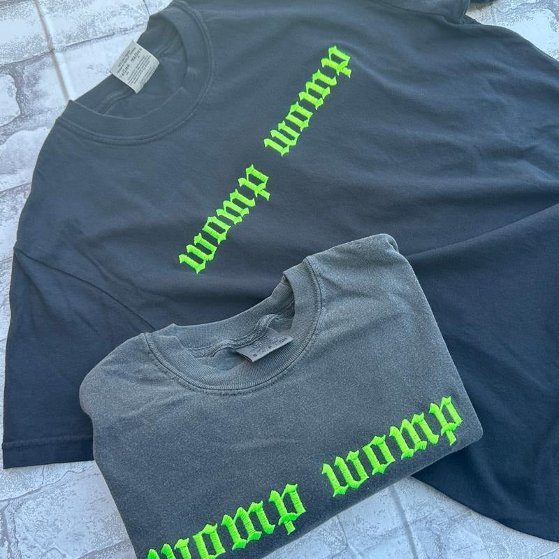 Comfort Colors -GREEN Womp Womp Embroidered T-shirt Casual Casual Wear Short Sleeves Cotton Top Unisex Womenswear