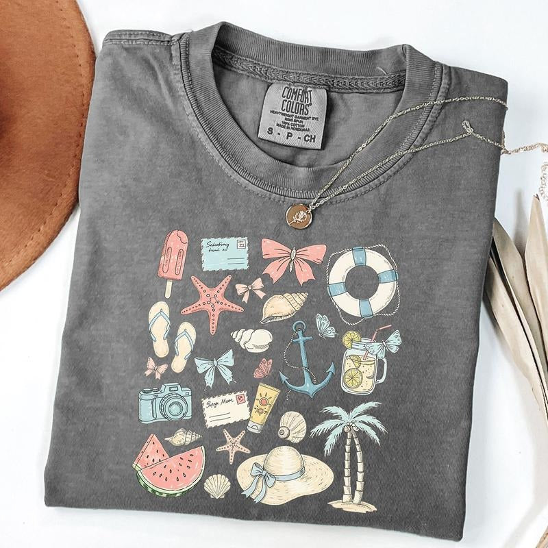 Comfort Colors Coastal Coquette Tee, Summer Vibes Shirt, Seashell T-Shirt, Retro Summer Shirt, Girls Trip Tee