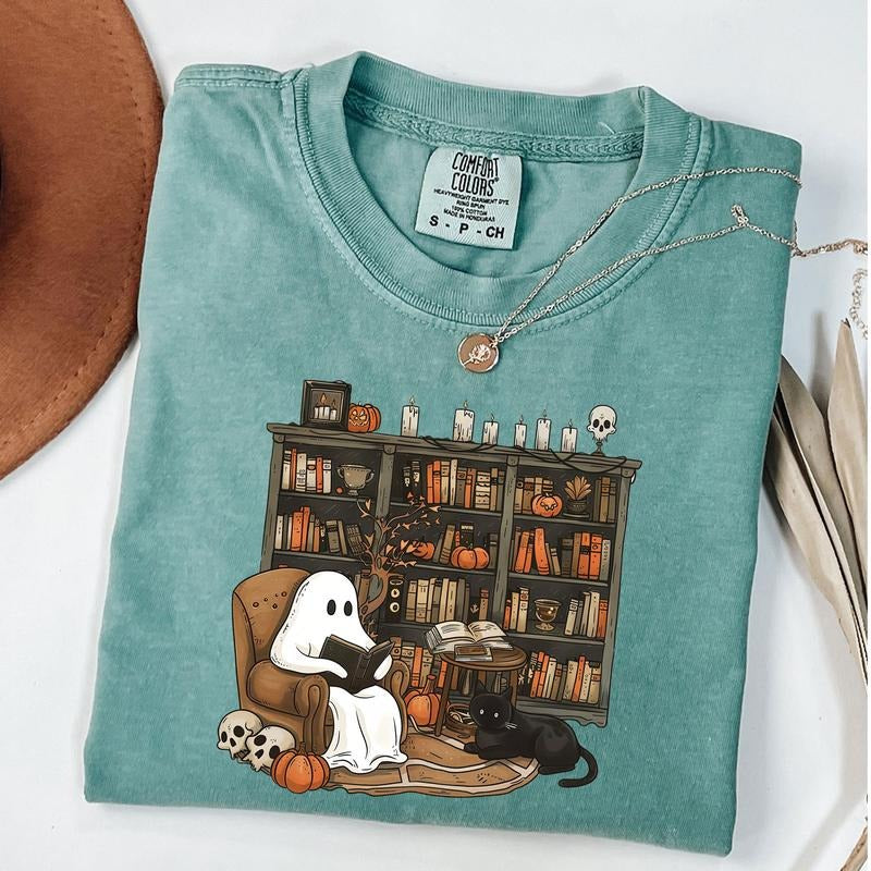 Comfort Colors Retro Ghost Reading Books Shirt, Librarian Ghost Halloween, Halloween Teacher T-Shirt, Halloween Shirt, Teacher Gift