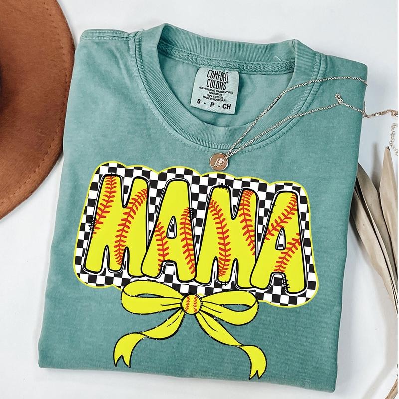 Comfort Colors Softball Mama Bow Shirt, Checkered Mama Coquette Shirt, Gift For Softball Lover Mom Shirt, Mothers Day Gift