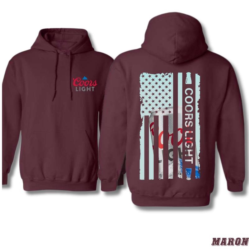 Coors Light Hoodie - Patriotic American Flag Design with Coors Light Logo, Perfect for Beer and USA Fans, Cozy and Stylish - Menswear, Tops
