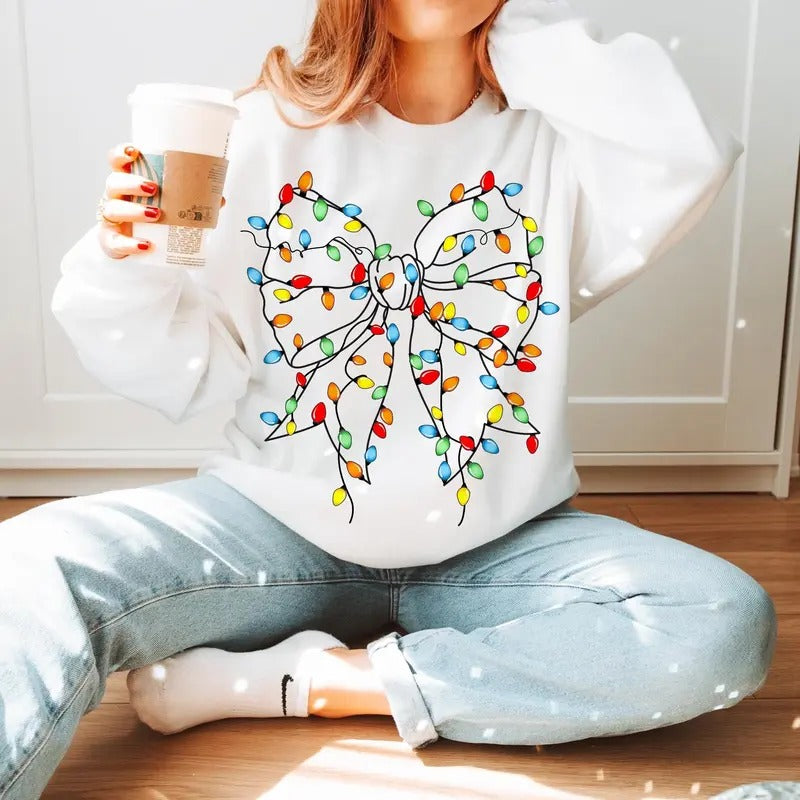 Coquette Christmas Light Bow Sweatshirt, Merry Christmas T-Shirt, Xmas Coquette Bow Holiday Clothing, Unisex Cotton Crewneck