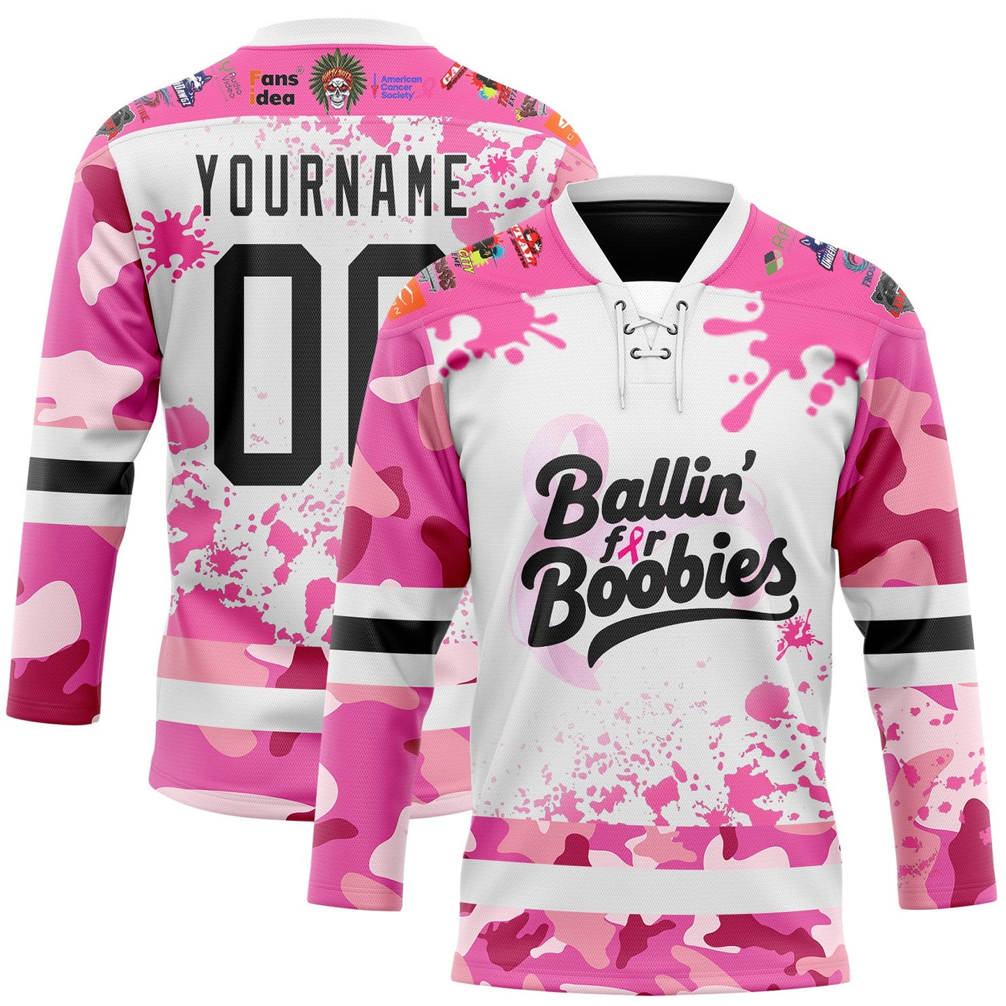 Custom Camo Black Pink-White Nasty Boyz Paintball Breast Cancer Hockey Lace Neck Jersey