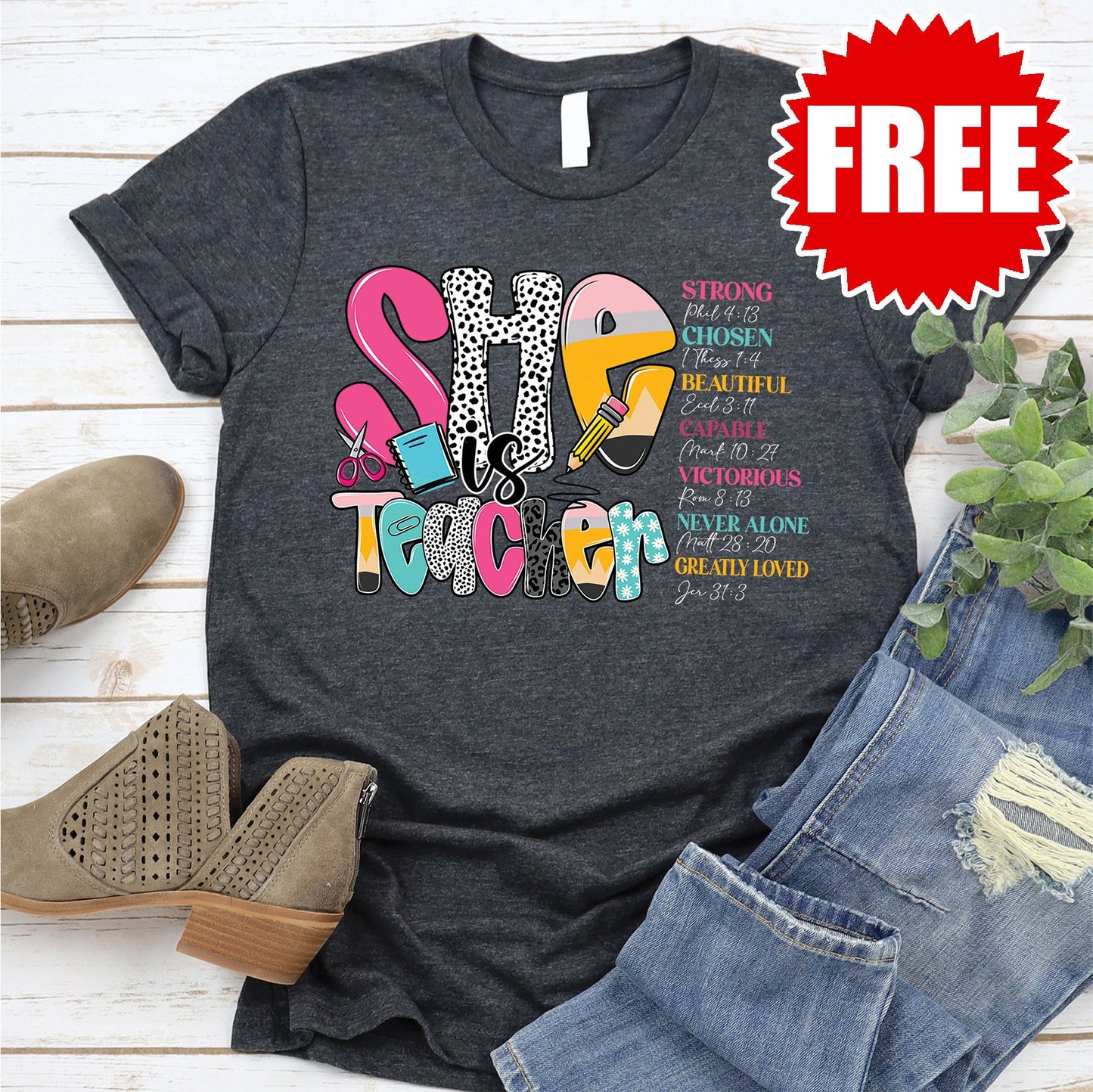 She is Teacher Tee - Heather Charcoal - 0