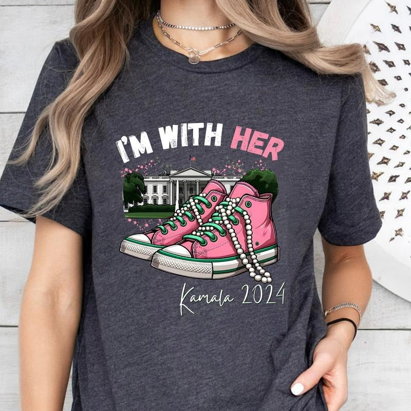 I'm With Her Kamala Tshirt Design Pink Sneakers & Pearls Kamala 2024 T-shirt Design