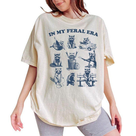 In My Feral Era Vintage Tee, Funny Raccoon Vintage Graphic Tee Women, Meme Unhinged Shirts, Adult Humor T-shirts, Comfy Oversized Graphic Tee, Silly Raccoon Outfits, Women's Tops, Womenswear, Cotton Fabric Relaxed Fit Chic Style