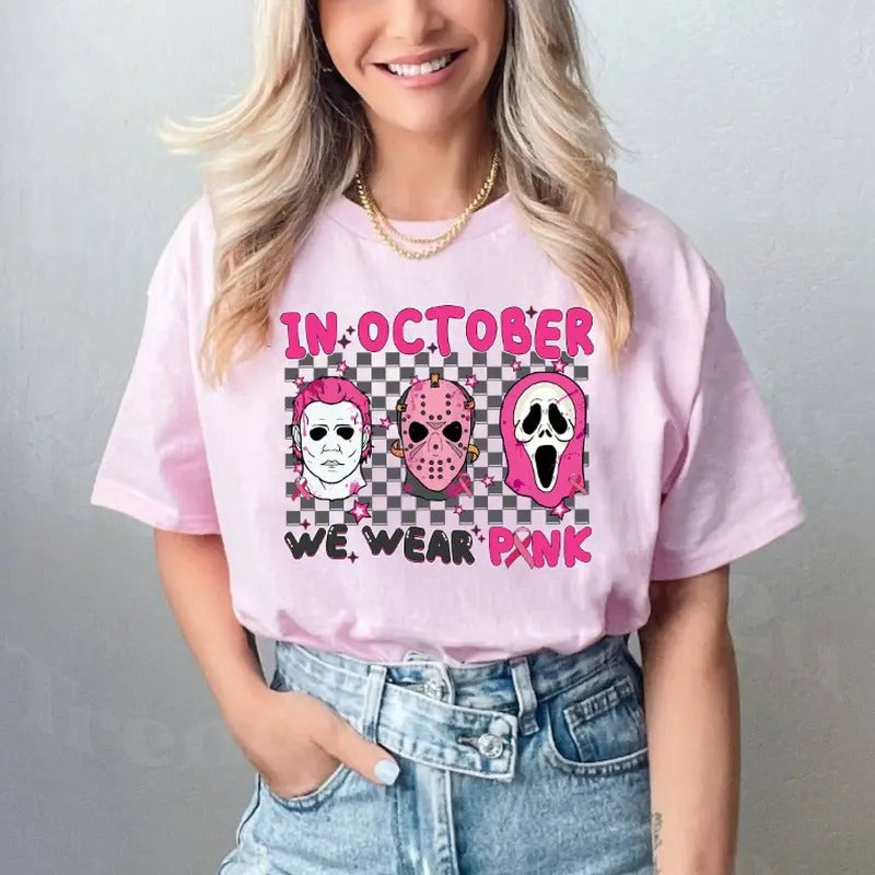In October We Wear Pink Shirt, Jason Voorhees Michael Myers And Ghostface Movies Halloween Tshirt, Breast Cancer Month Halloween Tshirt, Pink Halloween Vintage Tshirt