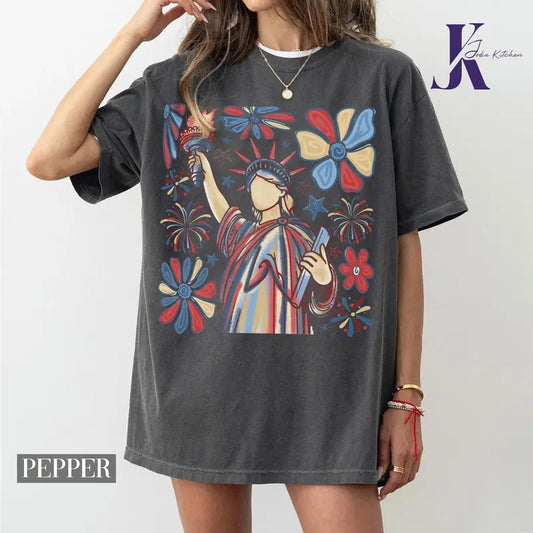 Retro 4th July Statue of Liberty, 4th July Shirt, America USA Tee, America 4th July, Boho Floral 4th Of July, USA Flag, American Girl