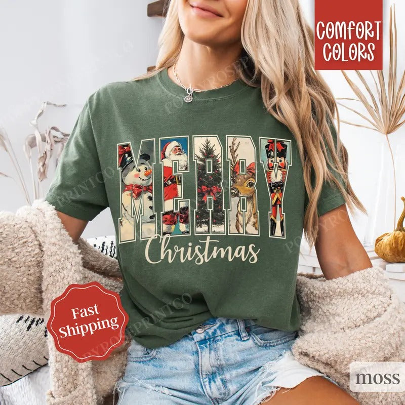 Retro Merry Christmas Shirt Comfort Colors,  Cute Christmas Tee, Women's Holiday Tshirt