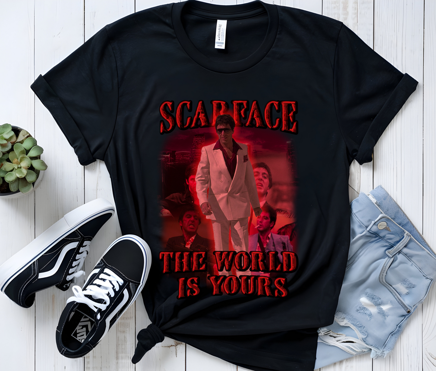 Scarface The World Is Yours Graphic Tee – Vintage Gangster Movie T-Shirt, Retro Streetwear for Film Fans