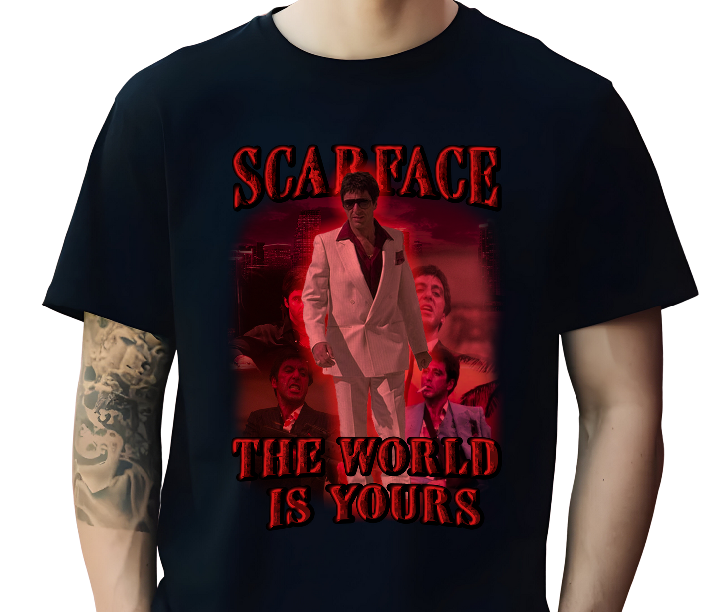 Scarface The World Is Yours Graphic Tee – Vintage Gangster Movie T-Shirt, Retro Streetwear for Film Fans