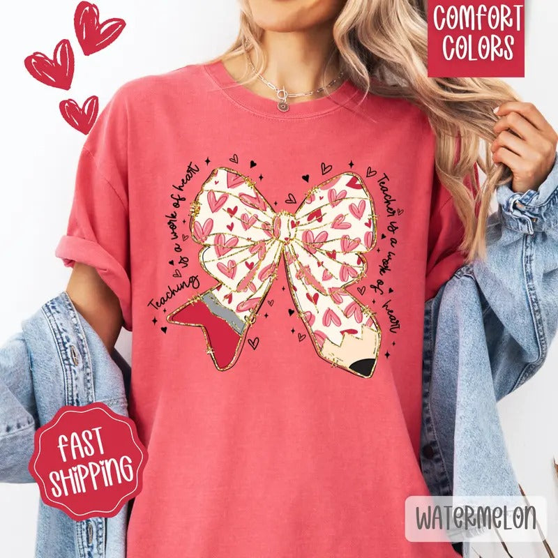 Teacher Valentine Bow Shirt Comfort Colors, Teacher Valentine's Day Women's Tee, Cute Women's Tshirt