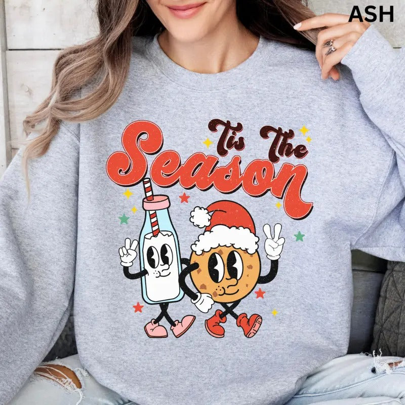 Tis the Season Milk and Cookies Crewneck, Christmas Sweatshirt, Holiday Christmas Sweatshirt, Winter Season Graphic, Casual Cotton Crewneck, Polyester, Oversized