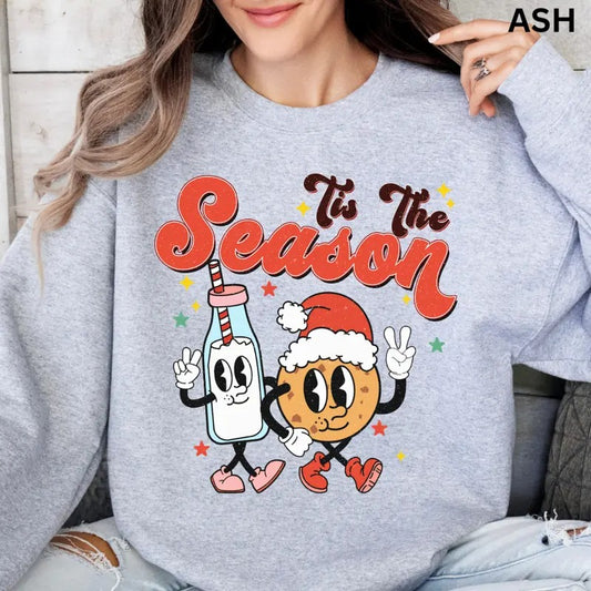 Tis the Season Milk and Cookies Crewneck, Christmas Sweatshirt, Holiday Christmas Sweatshirt, Winter Season Graphic, Casual Cotton Crewneck, Polyester, Oversized