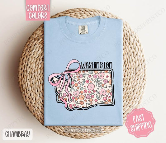 Washington Floral Bow Comfort Colors T-shirt, Cute Trendy Tee, State Coquette Oversized Top