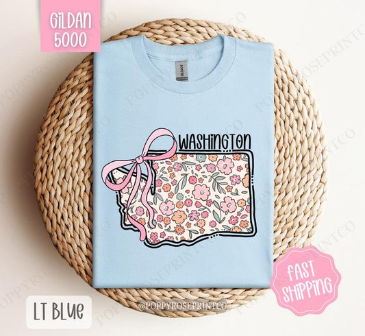 Washington Floral Bow Gildan T-shirt, Cute Trendy Tee, State Coquette Oversized Top