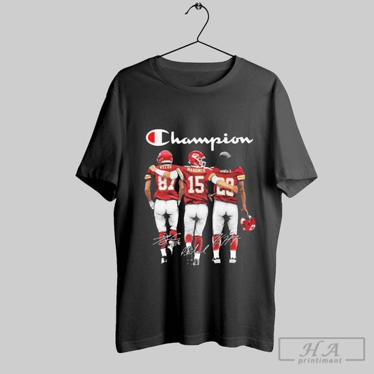 Travis Kelce Patrick Mahomes And Kareem Hunt Kansas City Chiefs Champion Signatures T Shirt