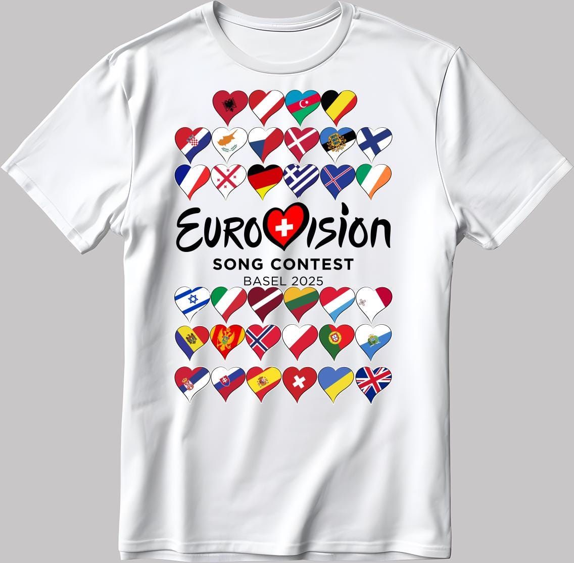 All Flag Eurovision Song Contest BASEL 2025 White-Black Men / Women T Shirt EU25