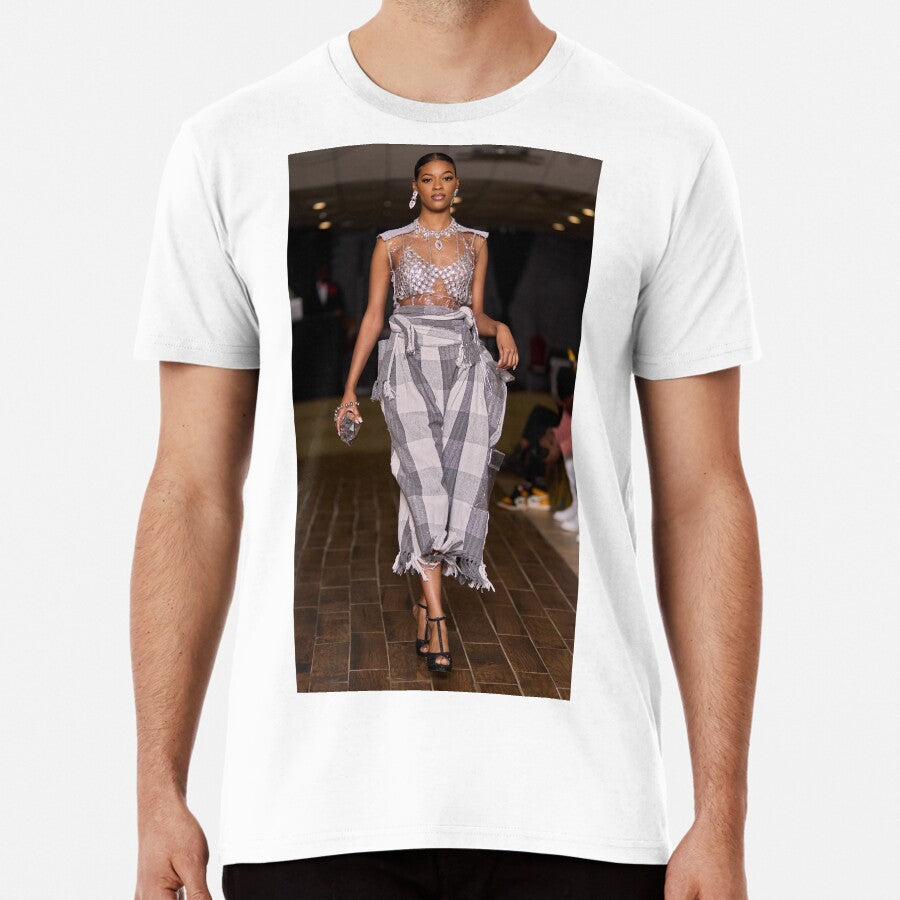 Beautiful Tall Runway Model Wearing Grey Design Premium T-Shirt
