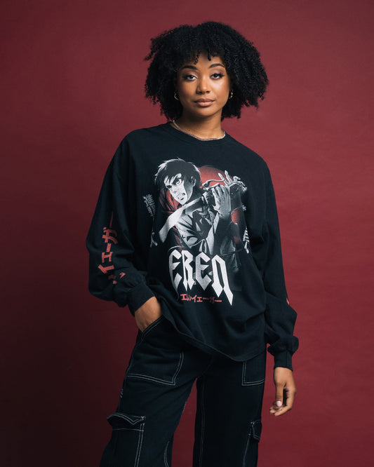 Goat Crew X Attack On Titan Eren Long Sleeve Vintage T-Shirt Black Wash Style001