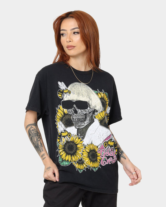 Goat Crew Flower Skull Vintage T-Shirt Black Wash Style001