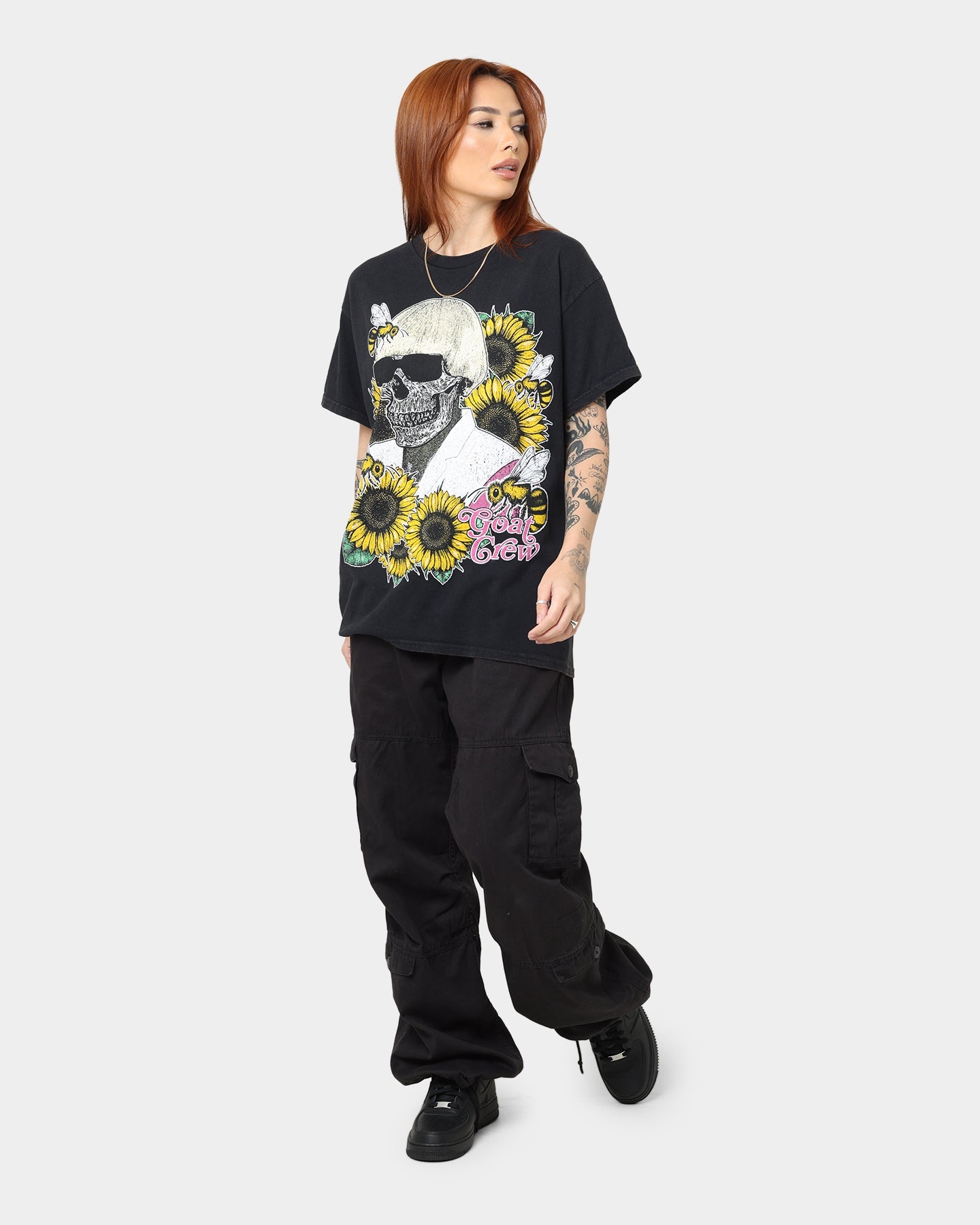 Goat Crew Flower Skull Vintage T-Shirt Black Wash Style001