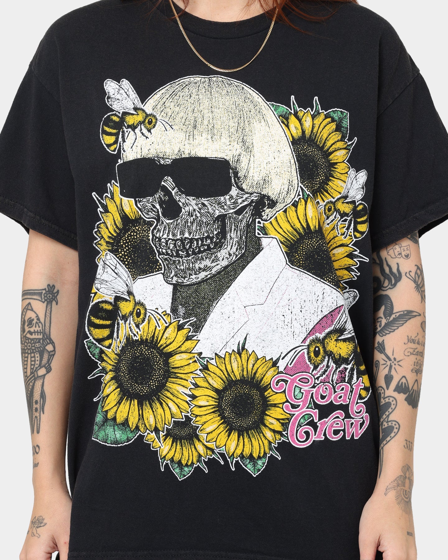 Goat Crew Flower Skull Vintage T-Shirt Black Wash Style001