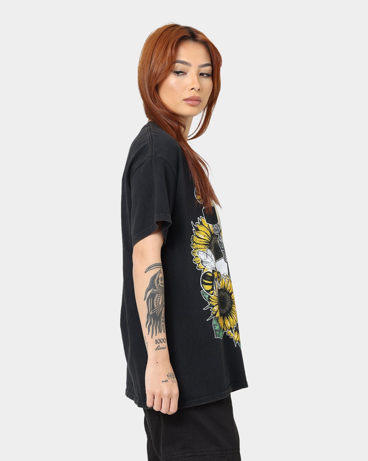 Goat Crew Flower Skull Vintage T-Shirt Black Wash Style001