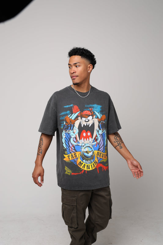 American Thrift X Looney Tunes Taz Motorcycles Heavyweight Vintage T-Shirt Black Wash