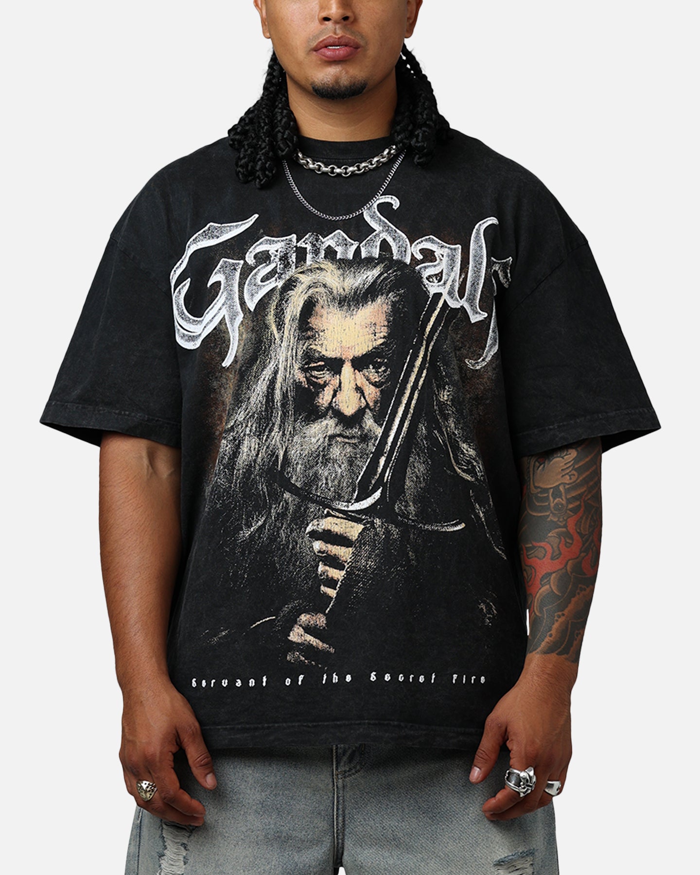 Goat Crew X Lord Of The Rings Gandalf Fire Vintage T-Shirt Black Acidwash