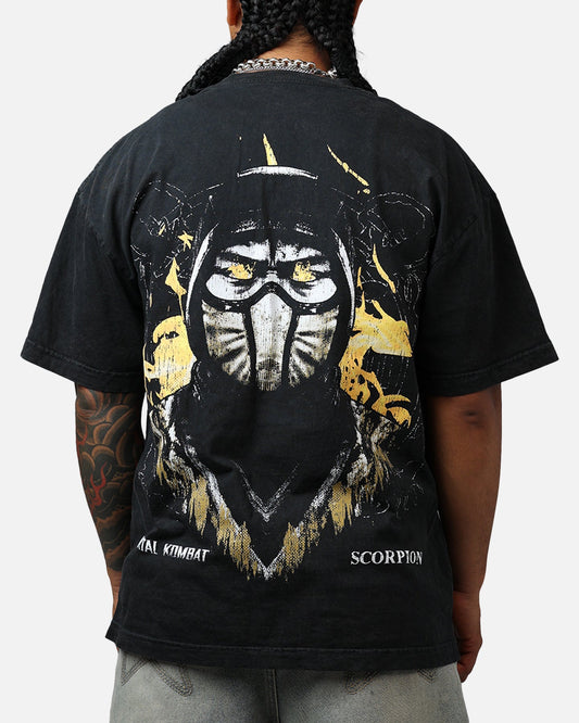 Goat Crew X Mortal Kombat Scorpion Fire Vintage T-Shirt Black Acidwash