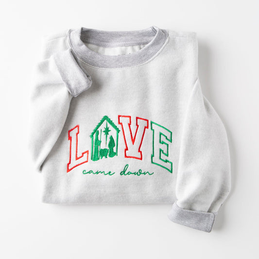 Embroidered Love Came Down Varsity Fuzzy Sweatshirt - 10