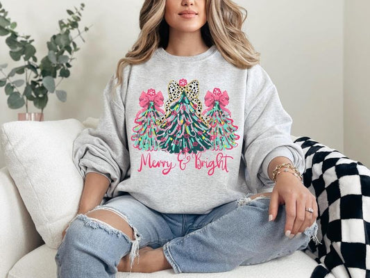 #358 - Merry and Bright Christmas Tree Holiday Shirt Design, Tee T-shirt Shirt Print Unisex Crewneck Sweatshirt -