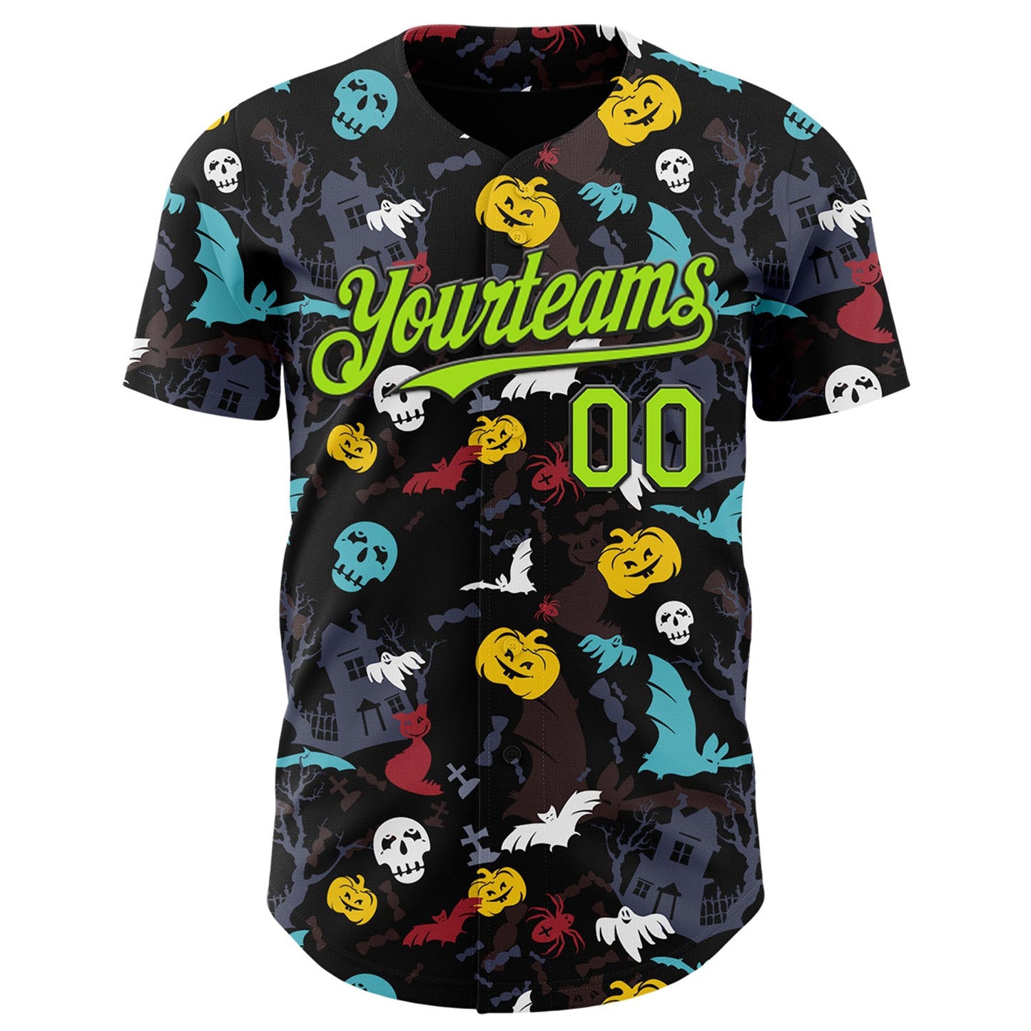 Custom Black Neon Green 3D Halloween Skull Pumpkin Doodle Party Costume Ideas Authentic Baseball Jersey